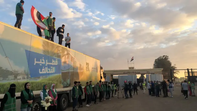 A truck of a humanitarian aid convoy for the Gaza Strip parked outside Rafah border gate