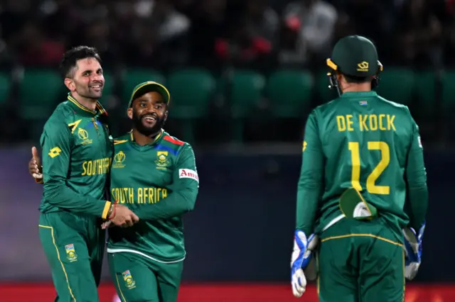 Keshav Maharaj celebrates the wicket of Quinton de Kock