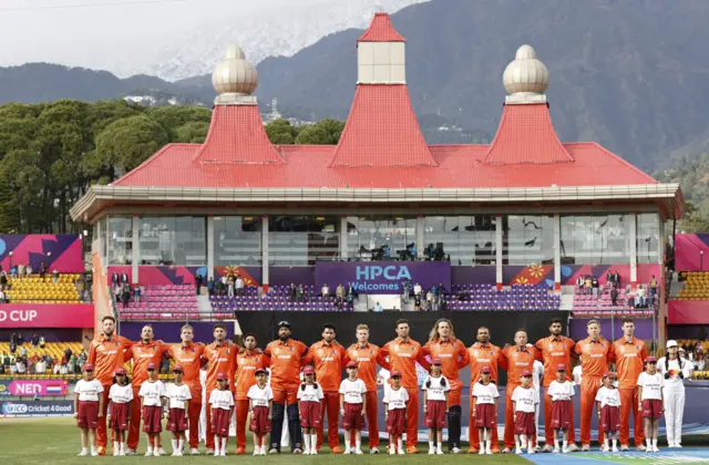 The Netherlands squad line up for the national anthem