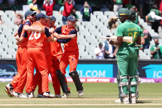 Netherlands celebrating a wicket against South Africa