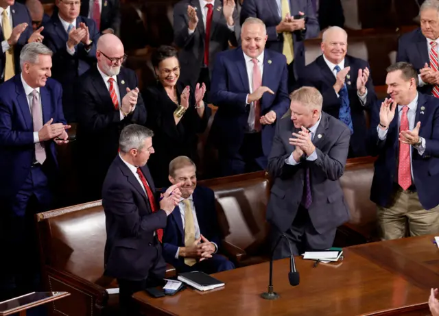 Lawmakers applaud after U.S. Rep. Jim Jordan (R-OH) cast his vote for himself as the House of Representatives elects a new Speaker