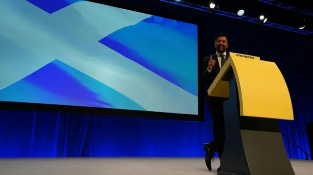 Scottish First Minister and SNP leader Humza Yousaf making his keynote speech during the SNP annual conference at the Event Complex Aberdeen (TECA) in Aberdeen.