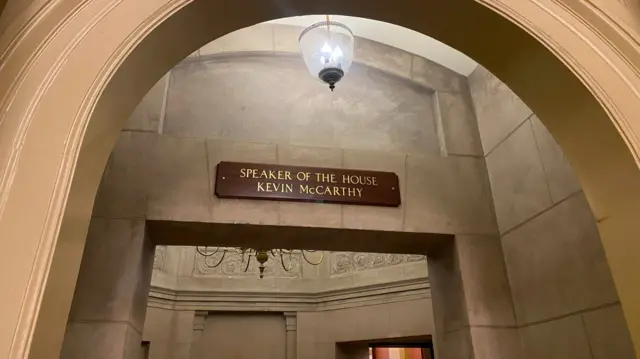 Ousted House Speaker Kevin McCarthy's name on a plaque outside the Speaker's office