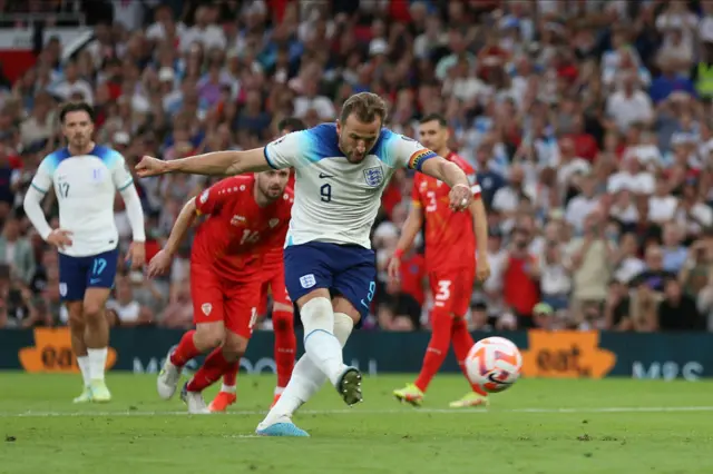 Harry Kane strikes a penalty versus North Macedonia.