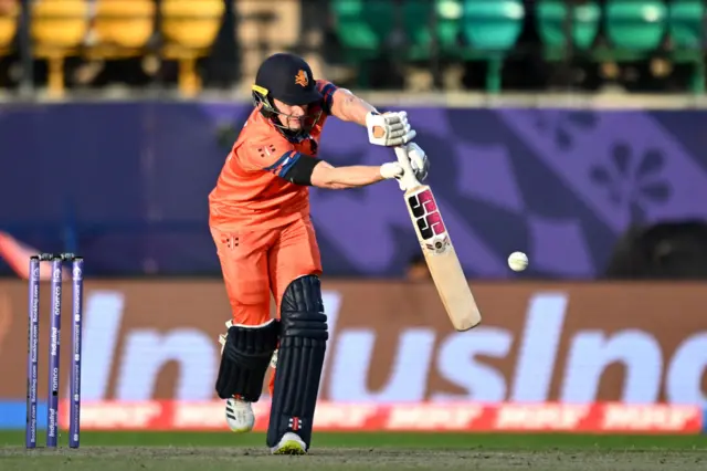 Netherlands' Sybrand Engelbrecht plays a shot during the 2023 ICC Men's Cricket World Cup one-day international (ODI) match between South Africa and Netherlands