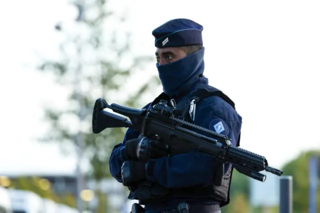 There is an armed police presence at the stadium in Lille