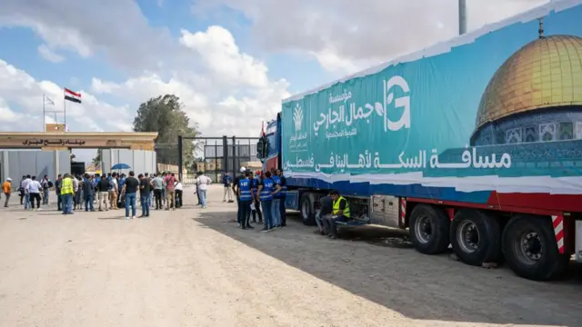 A truck of a humanitarian aid convoy for the Gaza Strip is parked outside Rafah gate in Egypt