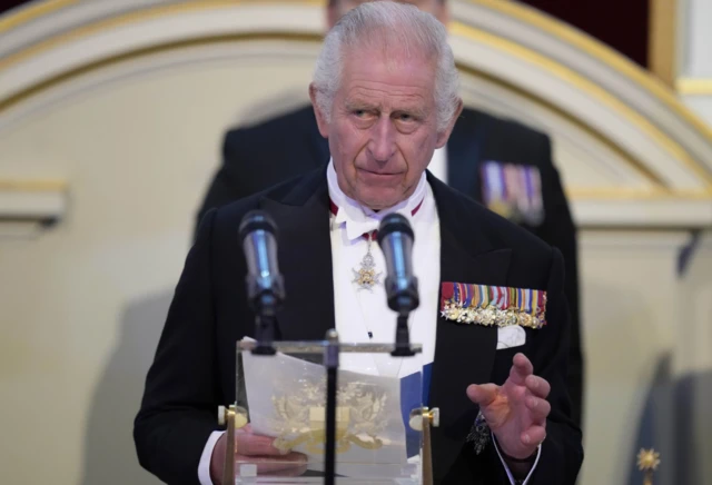 King Charles III addresses assembled guests during a dinner at Mansion House in London to recognise the work of the City of London civic institutions and Livery Companies, the city's ancient and modern trade guild