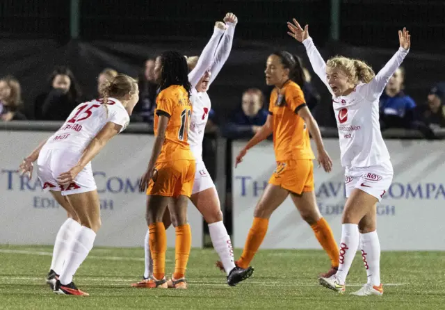 Brann's Justine Kielland (right) celebrates scoring her side's second goal in Glasgow