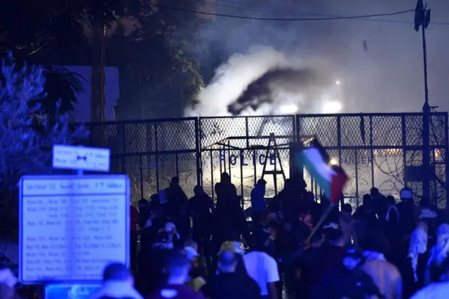 Protesters outside the US embassy in Beirut, Lebanon