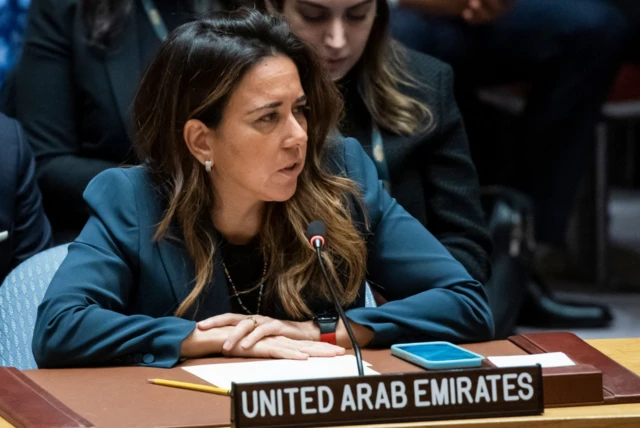 Lana Zaki Nusseibeh, UAE's Permanent Representative to the UN speaks during a United Nations Security Council meeting about the war between Israel and Hamas at United Nations headquarters in New York