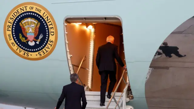 U.S. President Joe Biden boards Air Force One as he departs Israel following his visit, amid the ongoing conflict between Israel and Hamas