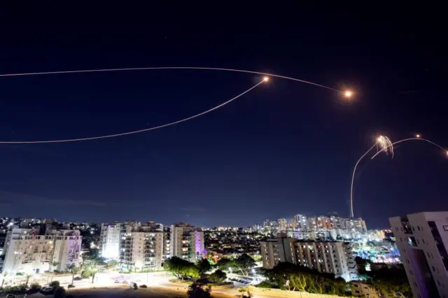 Israel's Iron Dome defence system intercepting rockets from Gaza above Ashkelon on Tuesday