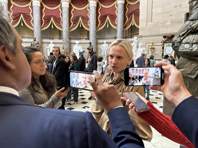 Indiana Republican Rep Victoria Spatz talking to reporters