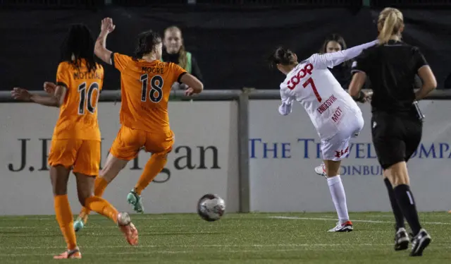 Rakel Engesvik (right) scores for Brann against Glasgow City