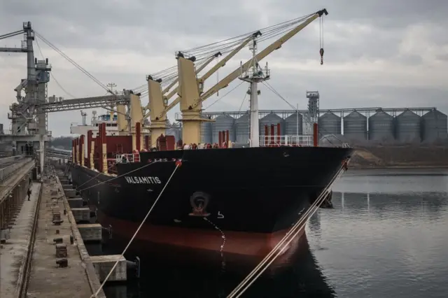 The UN-chartered vessel MV Valsamitis is loaded to deliver 25,000 tonnes of Ukrainian wheat to Kenya and 5,000 tonnes to Ethiopia, at the port of Chornomorsk, east of Odessa on the Black Sea coast, on February 18, 2023,