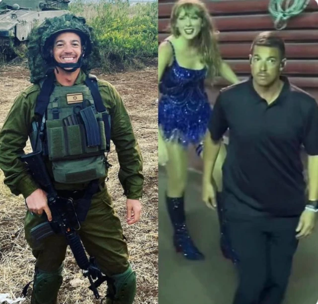 Composite image. Left: the bodyguard, Eran, wearing combat uniform; right: Eran and Taylor Swift.