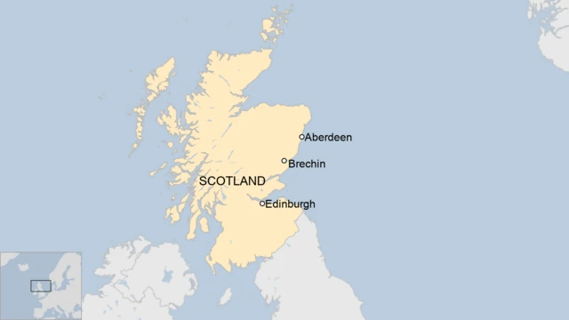 A map of Scotland with three pinpointed locations of Edinburgh, Aberdeen and Brechin