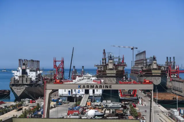 A picture taken on June 16, 2020 shows a general view of Karpowership company's shipyard with powerships at altinova district, in Yalova.