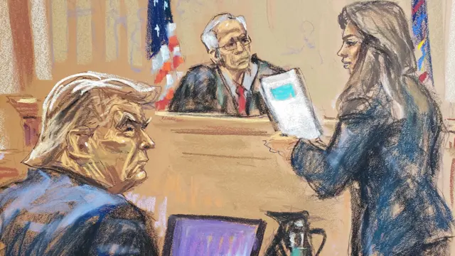 Former U.S. President Donald Trump and Justice Arthur Engoron of the state Supreme Court listen to opening arguments from his lawyer Alina Habba, during the trial of Trump, his adult sons, the Trump Organization and others in a civil fraud case brought by state Attorney General Letitia James, at a Manhattan courthouse, in New York City, U.S., October 2, 2023 in this courtroom sketch. REUTERS/Jane Rosenberg