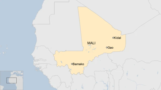 A map of Mali showing the cities of Gao and Kidal, and the capital Bamako.