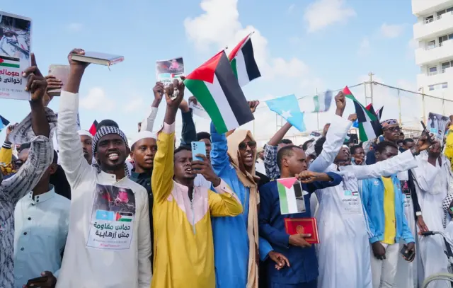 Men waving Palestinian flags at the protest.