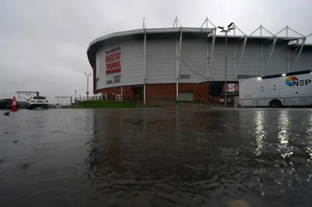 Rotherham United's stadium with flooding outside