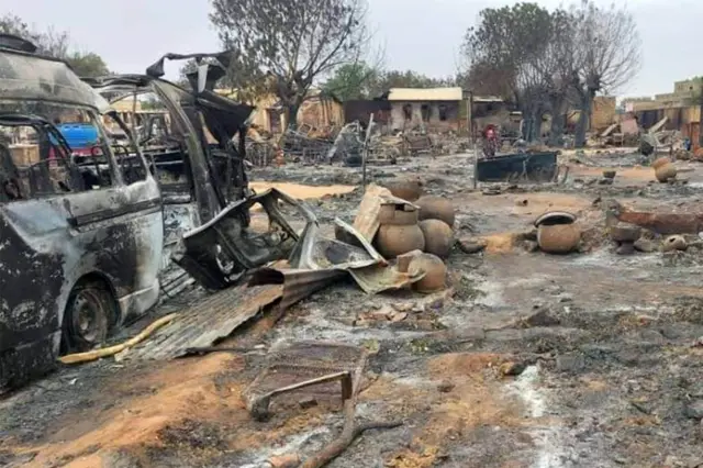 This picture taken on September 1, 2023 shows a view of destruction in a livestock market area in al-Fasher, the capital of Sudan's North Darfur state.