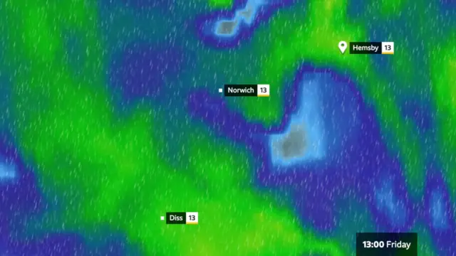 Weather map showing heavy rain across the East of England at 13:00 on Friday.