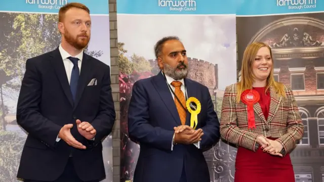 From l-r: Tamworth Conservative candidate Andrew Cooper, Liberal Democrat candidate Sunny Virk and Labour's Sarah Edwards