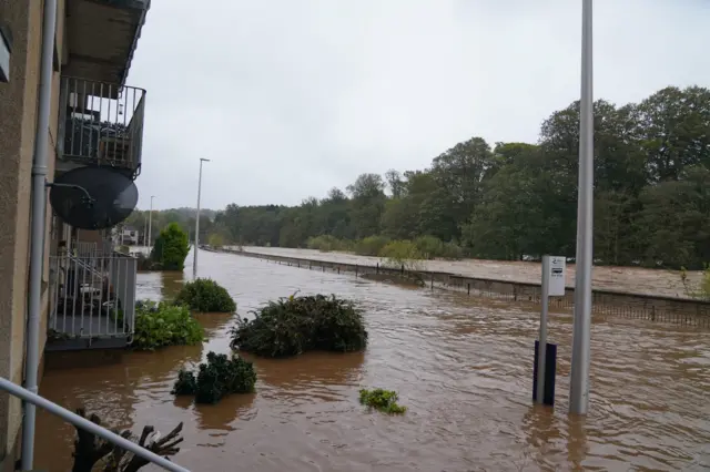 A view of River Street and the river wall in Brechin, Scotland