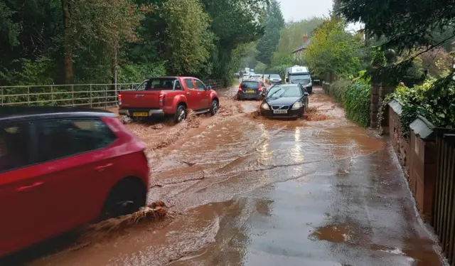 Flooded road in Ombersley