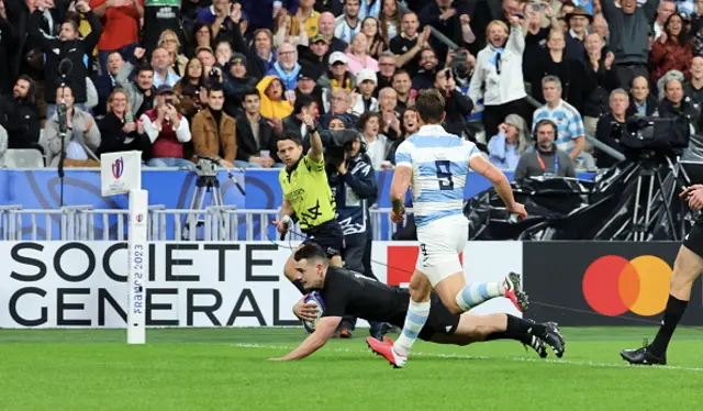 Will Jordan of New Zealand scores his first try