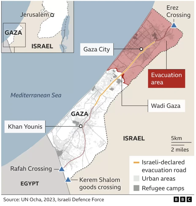 Map showing evacuation area in Gaza