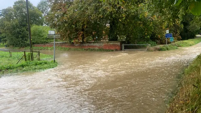 Flooded roads in Flowton, Suffolk.