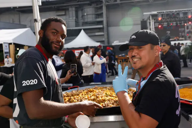 Liberian jollof rice is on the menu at this food stall in New York, the US, during a hip hop festival on Sunday.