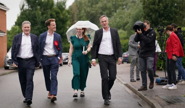 Sir Keir Starmer, Labour candidate Alistair Strathern, Angela Rayner and Peter Kyle during a campaign visit to Shefford in the constituency of Mid Bedfordshire