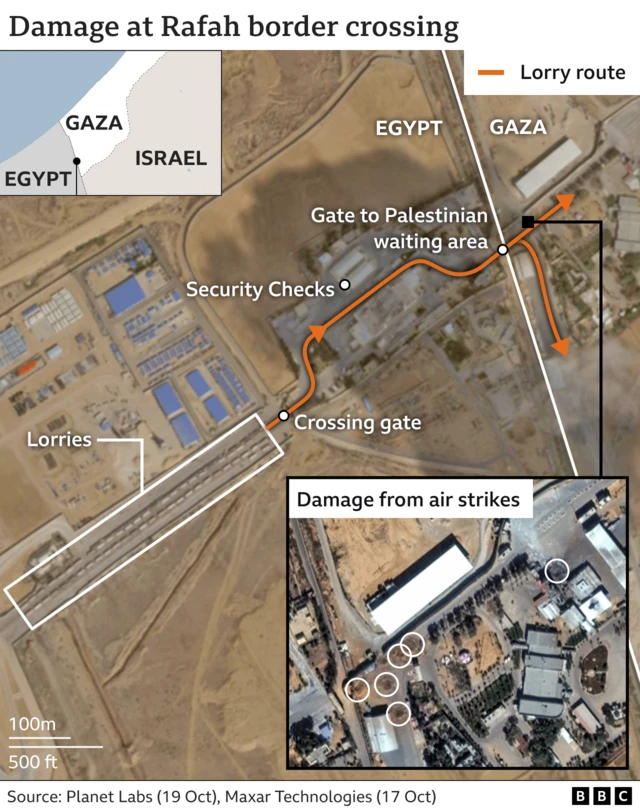 Annotated satellite image showing damage at Rafah border crossing