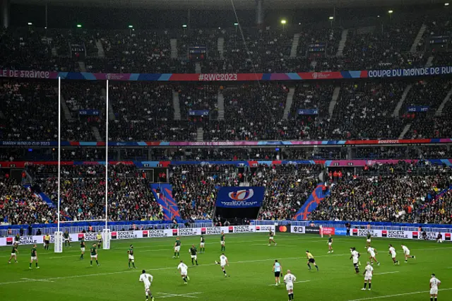 A general view inside the stadium as Owen Farrell of England kicks