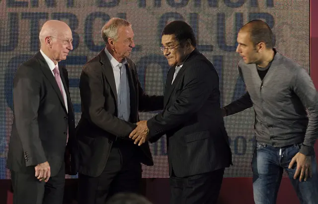 Pep Guardiola, right, with Sir Bobby Charlton, left, in 2010, plus Johan Cruyff and Eusebio