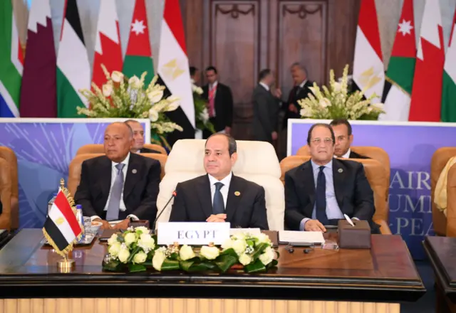 Egyptian President Abdel Fattah El Sisi sits at a table with an 'Egypt' label on it, in front of other officials and various country flags