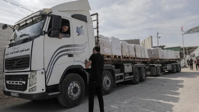 A truck carrying humanitarian aid for Gaza enters from Rafah, Egypt