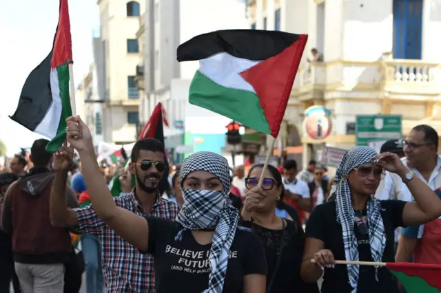 Protesters holding flags and signs in support of Palestine in Tunis