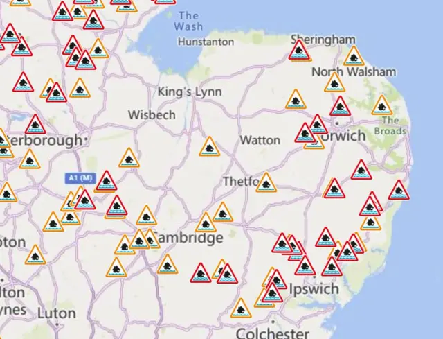 A map of the east of England showing flood warnings and flood alerts