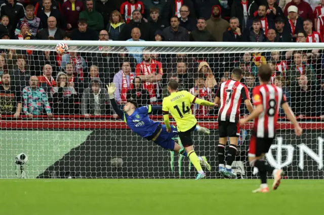 Bryan Mbeumo of Brentford scores the team's second goal