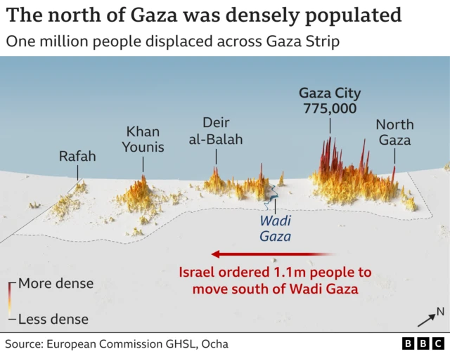 A map showing how densely populated each part of Gaza is.