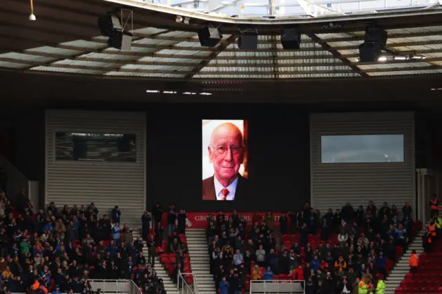 Bobby Charlton on the screen at the Riverside Stadium