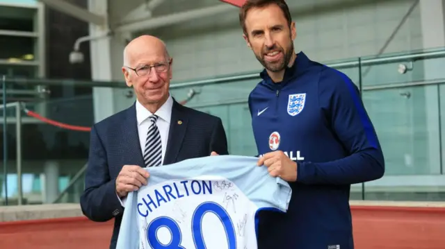 Sir Bobby Charlton and England manager Gareth Southgate as the FA marked his 80th birthday