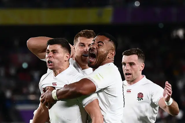 England's scrum-half Ben Youngs celebrates with England team-mates