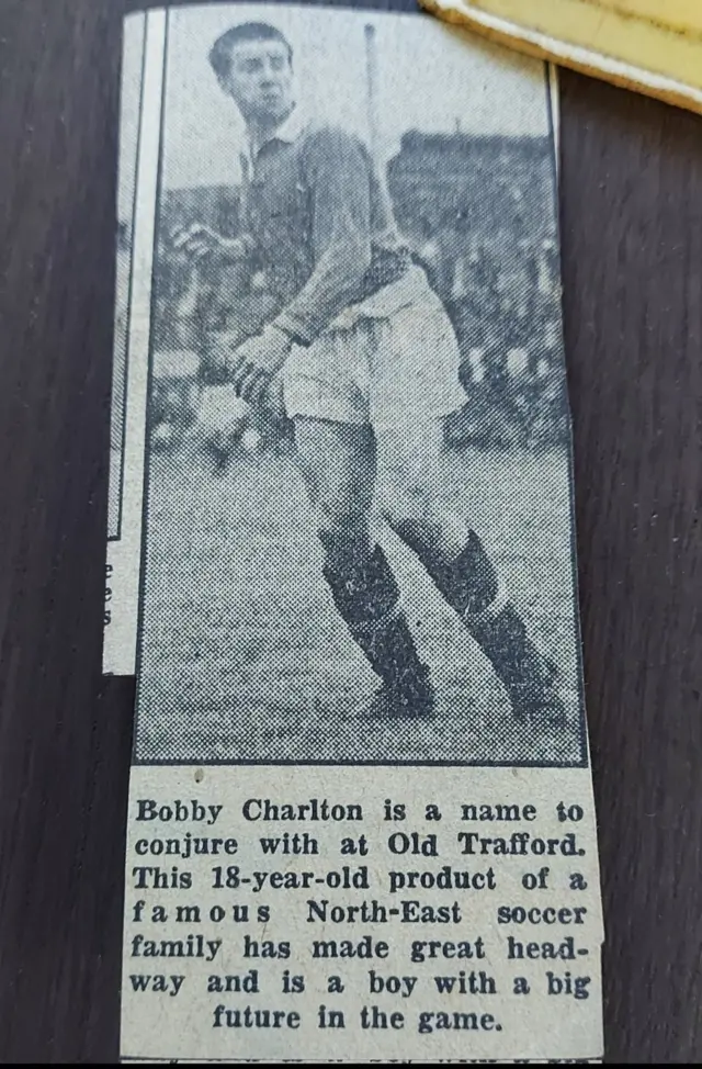 Newspaper clipping of a young Sir Bobby Charlton.